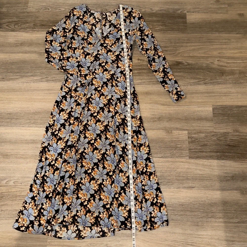 Free People Women's‎ Black Blue Floral Midi Dress Size 8 Medium Slit